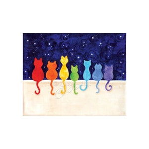 Rainbow Cats on a Wall at Night - 8x10 Print Whimsical Rainbow Cat Art