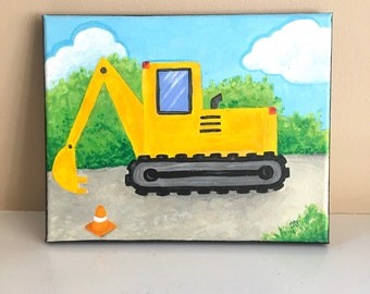 Excavator art for boys room, 8x10 inch acrylic construction truck painting for kids room, transportation nursery art
