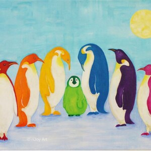 Rainbow Penguins art print, 20x16 inch art print of rainbow colored Penguins image 2