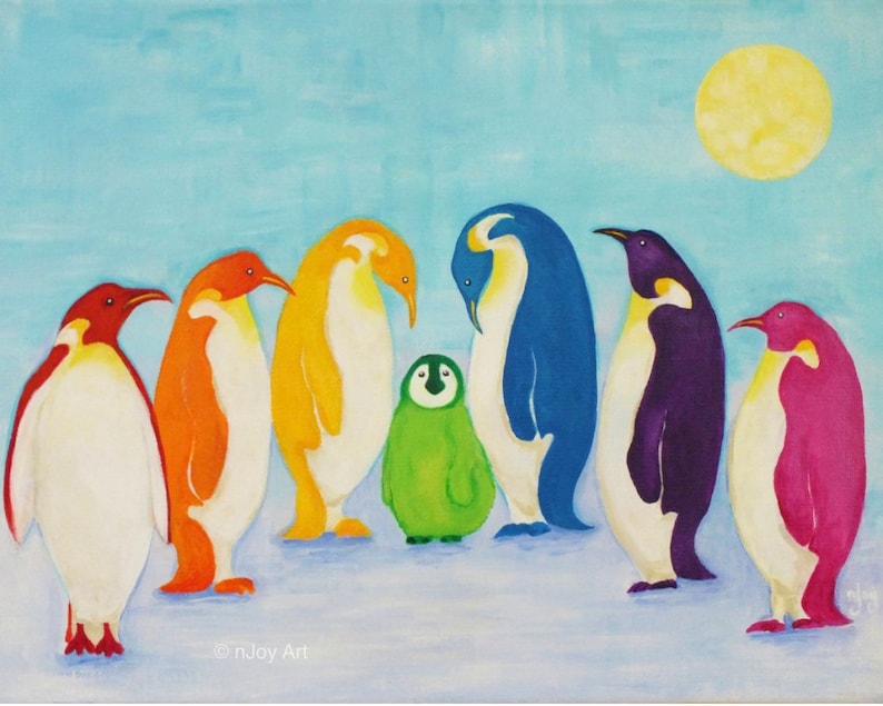 Rainbow Penguins art print, 20x16 inch art print of rainbow colored Penguins image 2