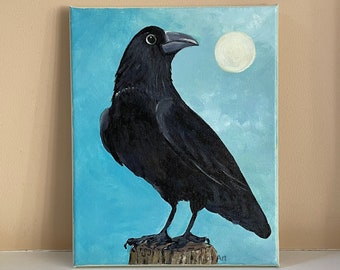 Crow art, 8x10 acrylic crow painting on canvas