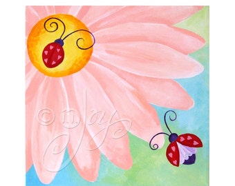 Custom Art - LOVE BUG on a FLOWER - 12 x12 inch acrylic painting