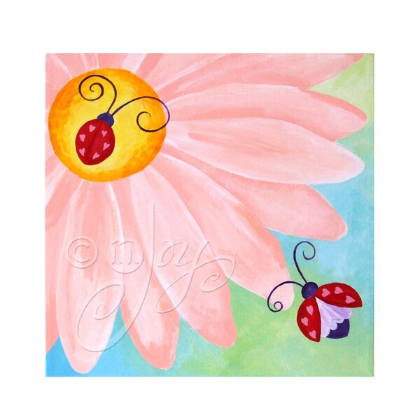 Nursery Art for Baby Girl, LITTLE LOVE BUGS, 12 x12 Painting, Pink Girls Room Decor