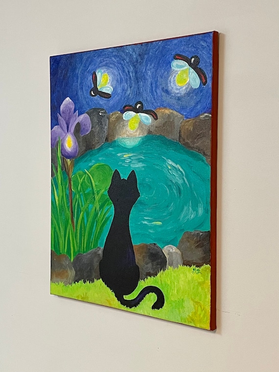 Back Cat Painting, 16x20 Inch Acrylic on Canvas Painting of a Back Cat in  Front of a Pond With Fireflies. Whimsical Animal Art -  Norway