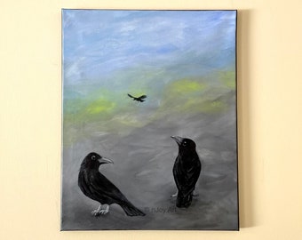 Attempted Murder, Crow Painting 16x20 inch acrylic canvas, original bird art