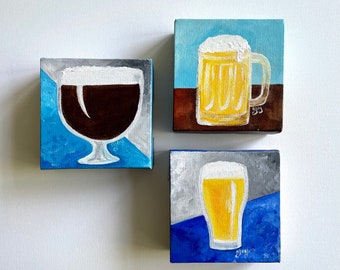 Beer Glass Art, set of three 4x4 inch acrylic canvas beer paintings, beer art, beer gift