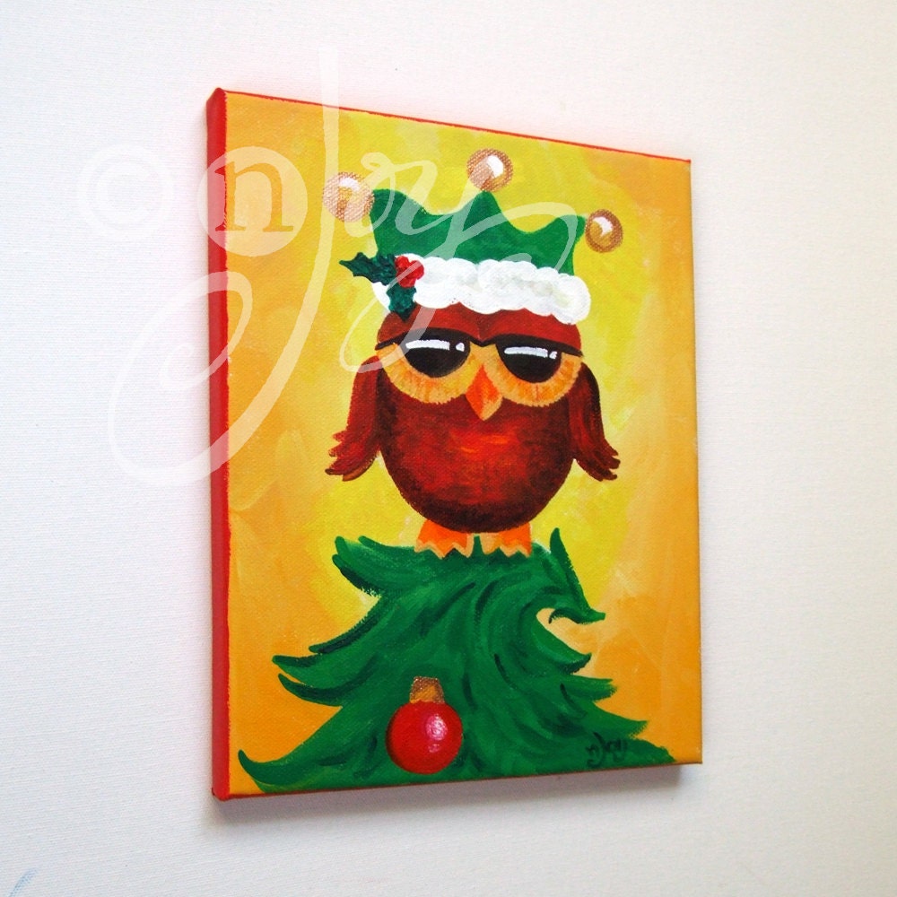 ELF OWL, 8x10 Christmas Art, Whimsical Wall Art for Holiday Decor Etsy