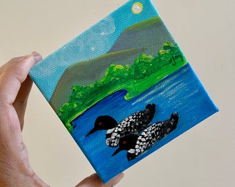 Loon pair, 4x4 inch acrylic canvas mini lake painting, lake life art