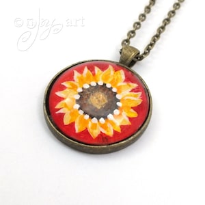 Wearable Art, Sunflower on Red Pendant with necklace, original acrylic painting under glass, mini art, NOT A PRINT image 1