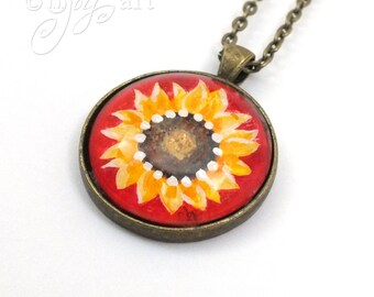 Wearable Art, Sunflower on Red Pendant with necklace, original acrylic painting under glass, mini art, NOT A PRINT