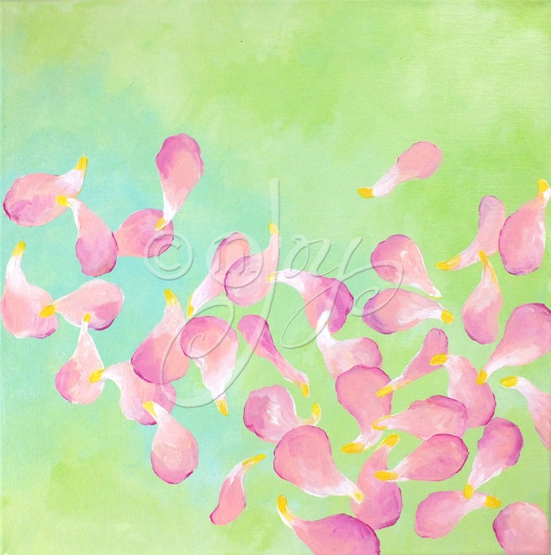 Minimalist flower petal painting, Spring Breeze, Set of Three 12 square paintings, pink blue and green decor, peaceful art image 5