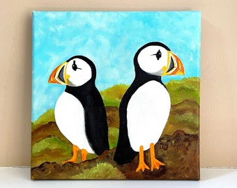 Puffin pair, 8 inch Acrylic canvas, bird art for small spaces, whimsical puffin painting