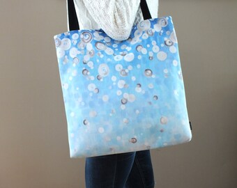 Artistic Blue Tote Bag, First Snow Painting Print, Shoulder Shopping Bag