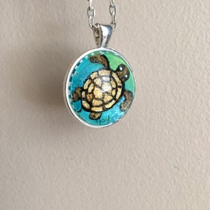 Turtle hand painted pendant with necklace. Wearable Art, original acrylic painting under glass, mini art, NOT A PRINT image 5