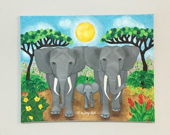 Elephant Family art, whimsical acrylic elephant painting, original art for home, office and kids rooms