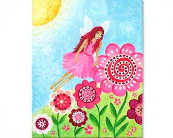 Pink Flower Fairy painting for girls room, 11x14 inch original acrylic art for fairy themed girls room or baby nursery