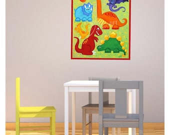 Impresión de arte de pared con dinosaurios para niños, 20 x 16, giclée, arte colorido de dinosaurios para habitación de niños