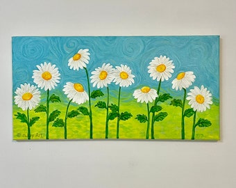Daisy painting, acrylic 20x10 inch gallery wrapped canvas, floral home decor, flower art