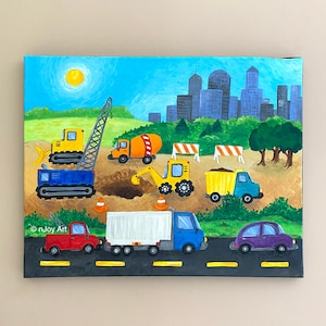 Construction Site art, whimsical acrylic painting for construction or transportation themed boys room or nursery image 1