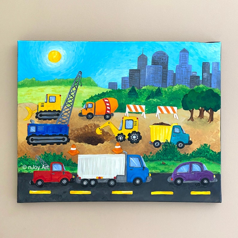 Construction Site art, whimsical acrylic painting for construction or transportation themed boys room or nursery image 1