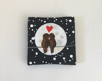 Love birds at full moon, art magnet, Mini Painting, 2 inch canvas magnet