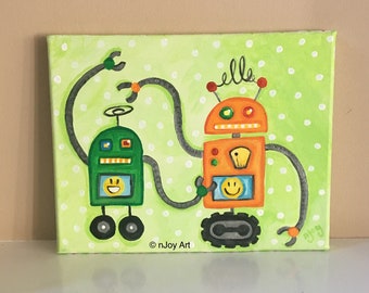 Robot art for kids room, 8x10 acrylic painting, Children's Room or Baby Boy Nursery Decor