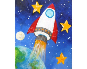 Rocket wall art print for kids room, 16x20 inch print for boys room, space themed nursery decor, childrens art