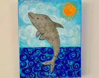 Dolphin Jumping acrylic painting, 8x10 inch canvas, coastal art for home or office, beach art
