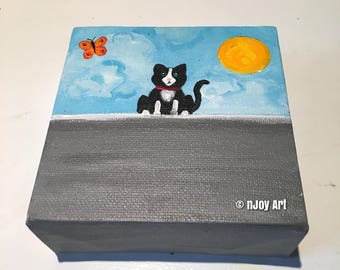 Black & White Cat Art,  4x4 inch  mini acrylic canvas painting, art gift, whimsical cat painting