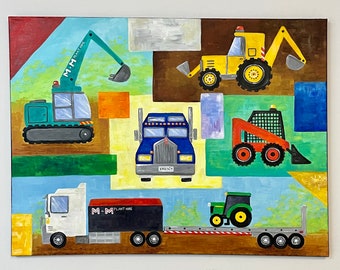 Custom Kids Transportation Wall Art, Personalized Car and Truck Collage art, painted to order 24x18 inch canvas painting for boys room