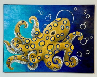 Blue-Ringed Octopus acrylic painting, 24"x18" canvas art, sea life art