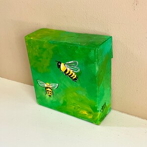 Honey bees on green, 4x4 inch acrylic canvas mini painting of a bee, art for bee lovers image 3