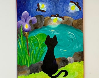 Back Cat painting, 16x20 inch acrylic on canvas painting of a back cat in front of a pond with fireflies. Whimsical animal art