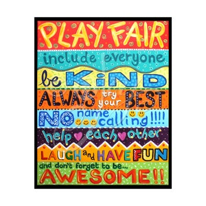 Playroom Rules poster, colorful wall art print of rules for children, 8x10 inch art print for family room, playroom or class room decor