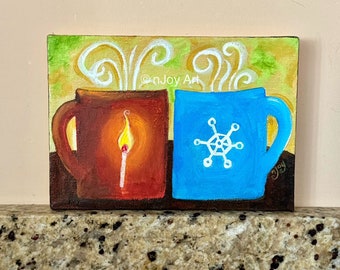 Coffee Mug painting , COFFEEMATES, FIRE and ICE, 7x5 inch acrylic canvas, art gift for couple