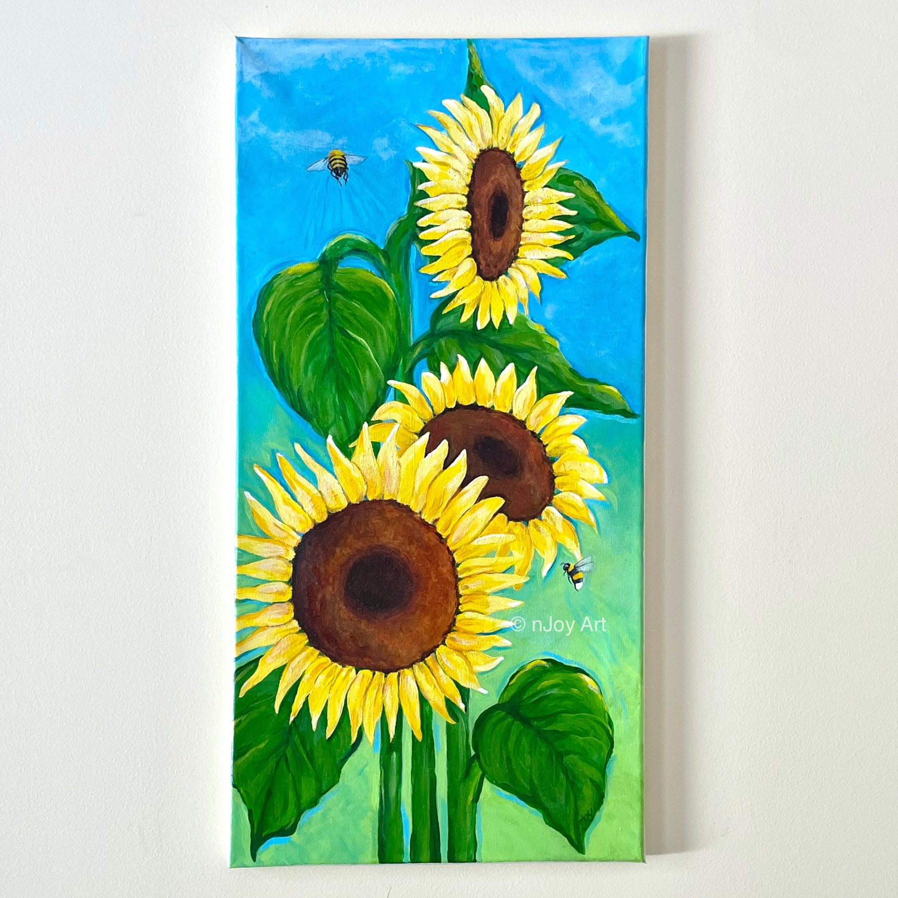 Sunflowers With Bees, 12x24 Inch Original Acrylic Canvas Painting