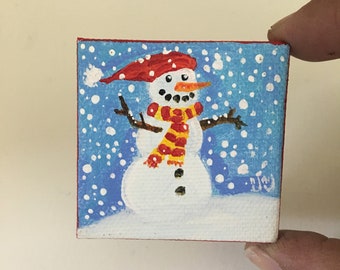 Snowman art magnet, 2" acrylic painting made into a magnet, small art, art gift, winter