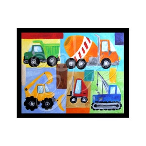 Transportation Art Print, 8&quot;x10&quot; Construction Trucks Print for Kids Room, Art for Boys Room