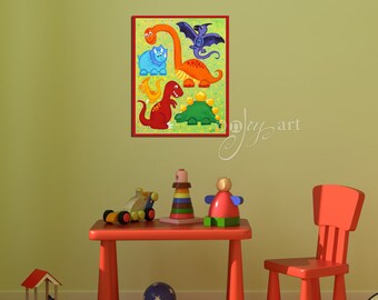 Dinosaur Jumble Wall Art Print for Children, 20x16 Giclee, Colorful Dinosaur Art for Kids Room