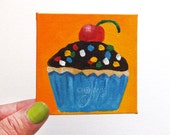 Cupcake Painting Magnet - Original Miniature Acrylic Canvas - Hand Painted - 3x3 inch canvas magnet