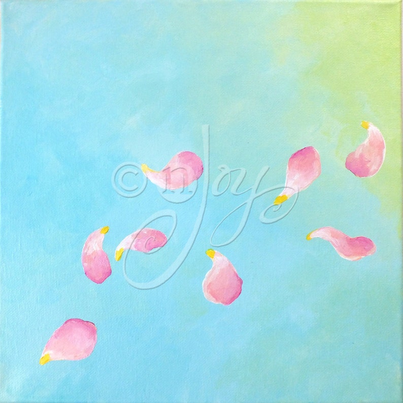 Minimalist flower petal painting, Spring Breeze, Set of Three 12 square paintings, pink blue and green decor, peaceful art image 3