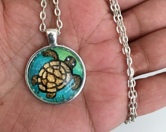 Turtle hand painted pendant with necklace. Wearable Art, original acrylic painting under glass, mini art, NOT A PRINT