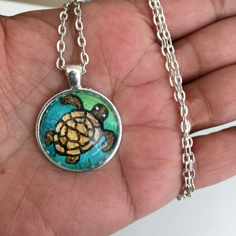 Turtle hand painted pendant with necklace. Wearable Art, original acrylic painting under glass, mini art, NOT A PRINT image 1