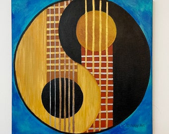 Guitar and Bass Yin Yang painting, acrylic 12 inch square guitar art, music themed wall decor