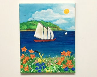 Sailboat in the Bay painting, 8x10 inch acrylic painting coastal wildflower decor