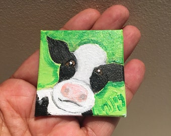 Cow art magnet, 2" mini painting made into a magnet for kitchen or office decor