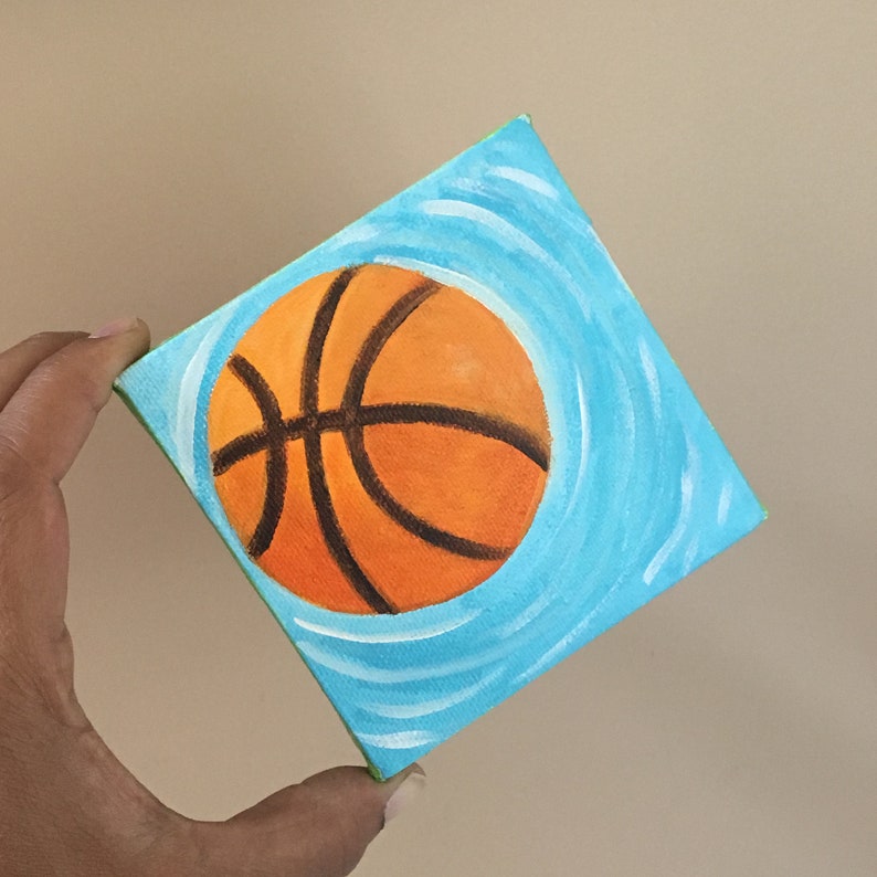 Hoops, 4x4 inch mini acrylic basketball painting, daily doodle art image 3