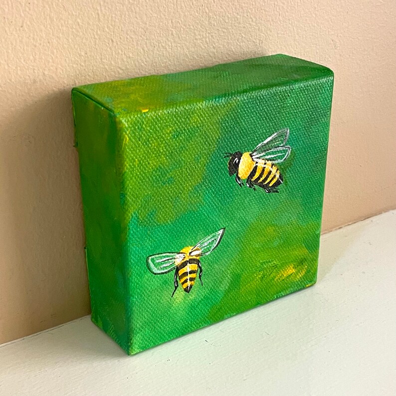 Honey bees on green, 4x4 inch acrylic canvas mini painting of a bee, art for bee lovers image 5