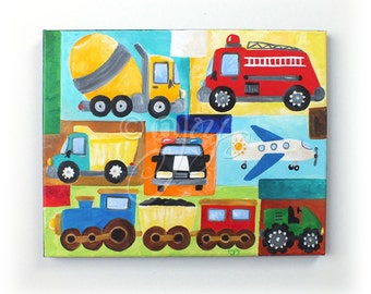 Personalized Transportation Nursery Art, Custom 11"x14" car and truck painting for kids room, painted to order art for boys room