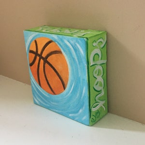 Hoops, 4x4 inch mini acrylic basketball painting, daily doodle art image 1